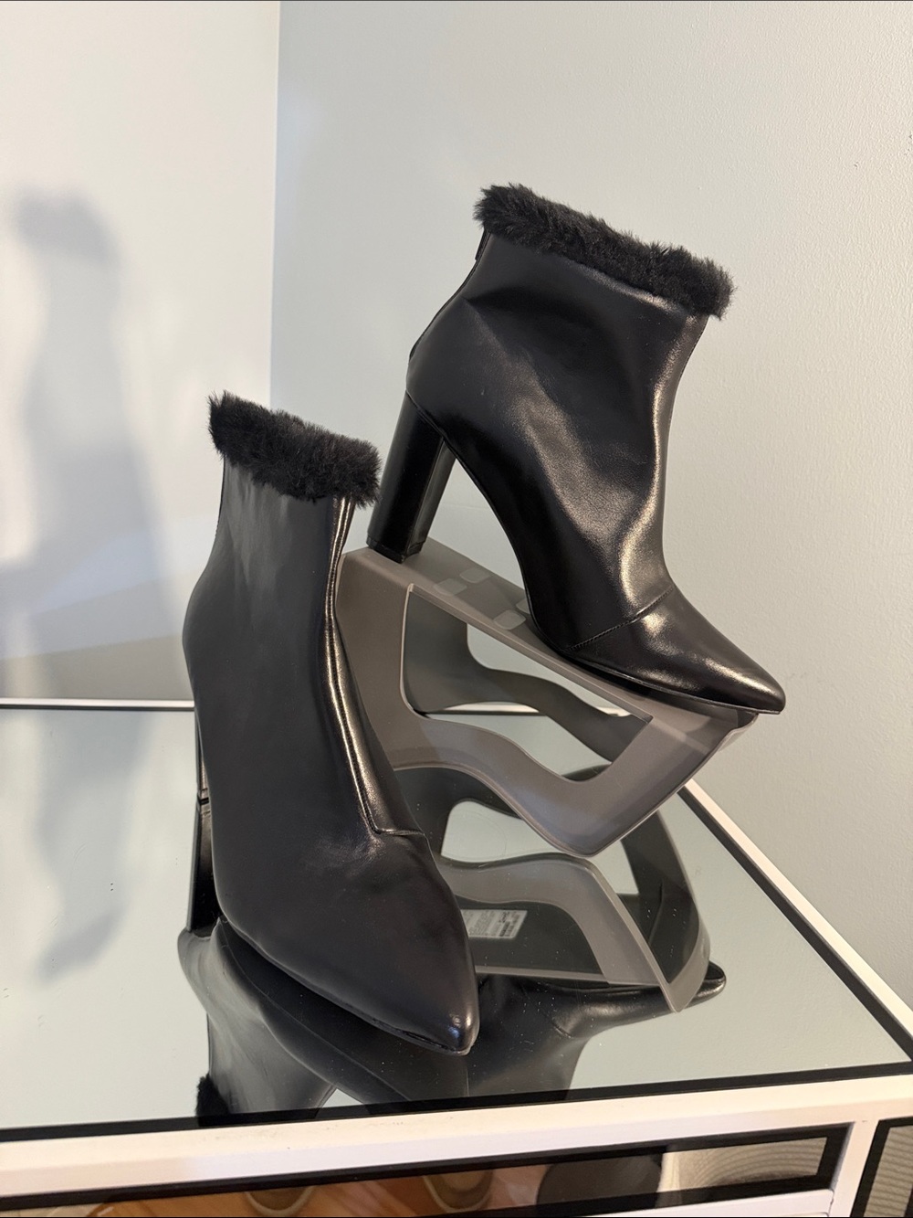 Allegra K Black Pointed Toe Ankle Boots with Faux-Fur Cuff new